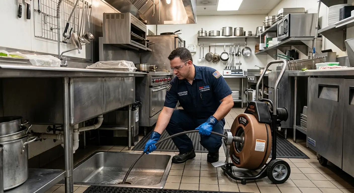 Commercial drain cleaning service in a restaurant kitchen in Myrtle Grove