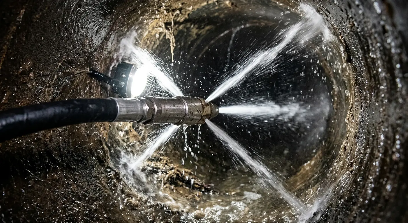 High-pressure hydro jetting nozzle cleaning sewer pipe for Emergency Drain Service in Myrtle Grove