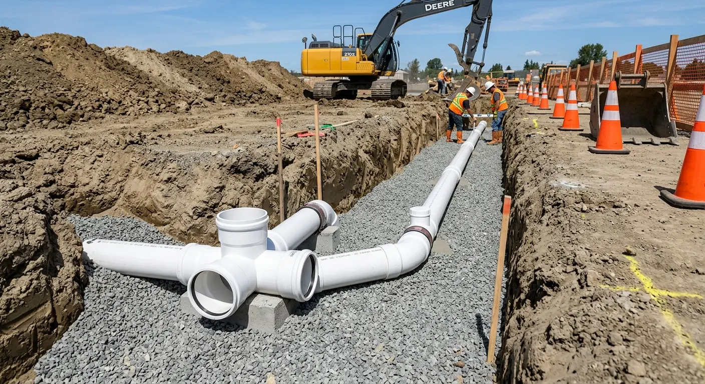New PVC sewer pipe installation in open trench for Sewer Backup in Myrtle Grove