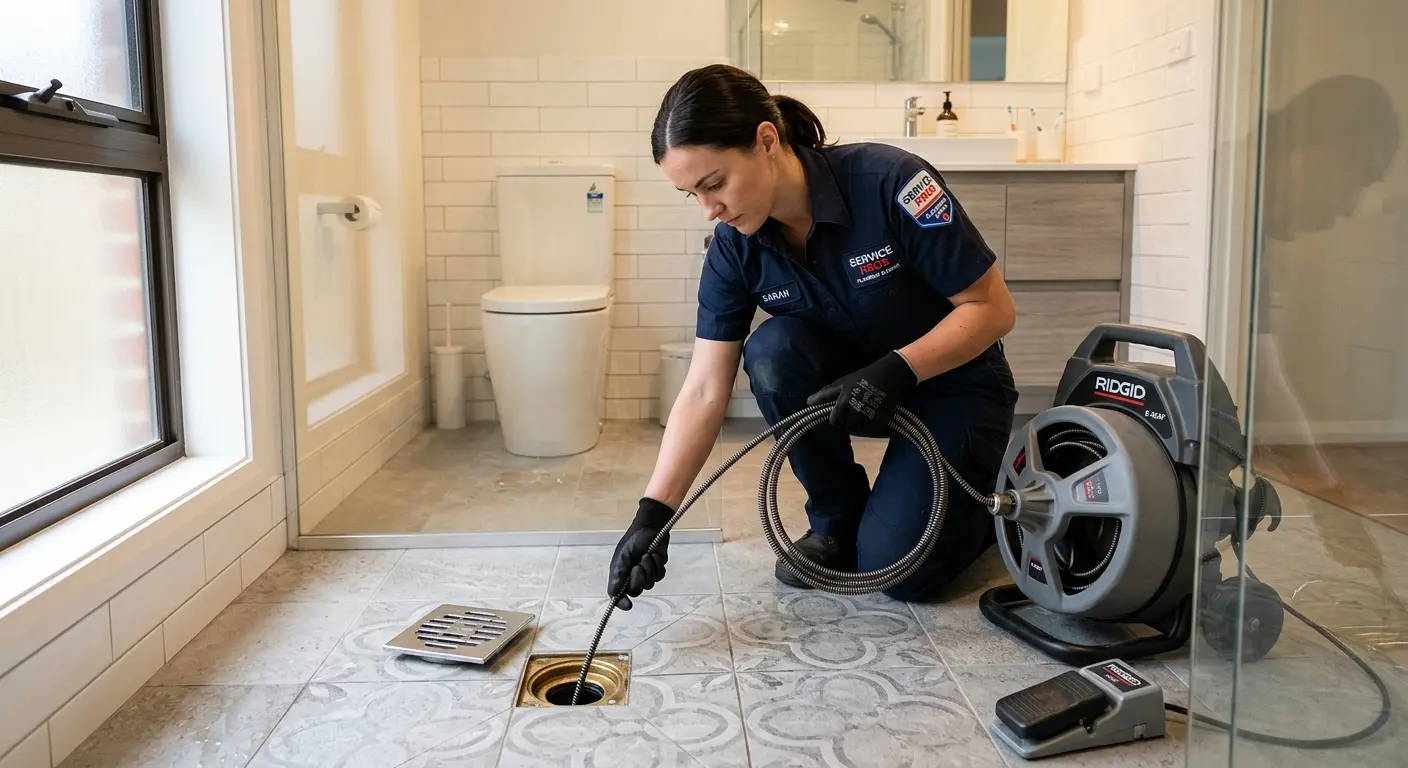 Technician clearing a bathroom floor drain for Hydro Jetting in Myrtle Grove